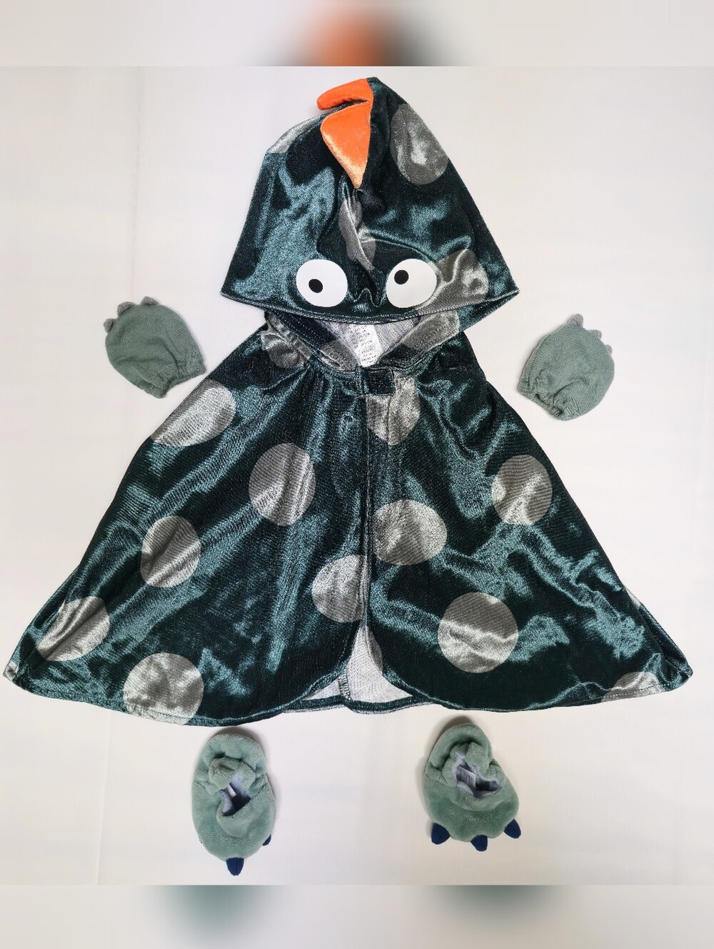 Green Polka Dot Monster Dinosaur Hooded Costume with Claw Mitts and Slippers